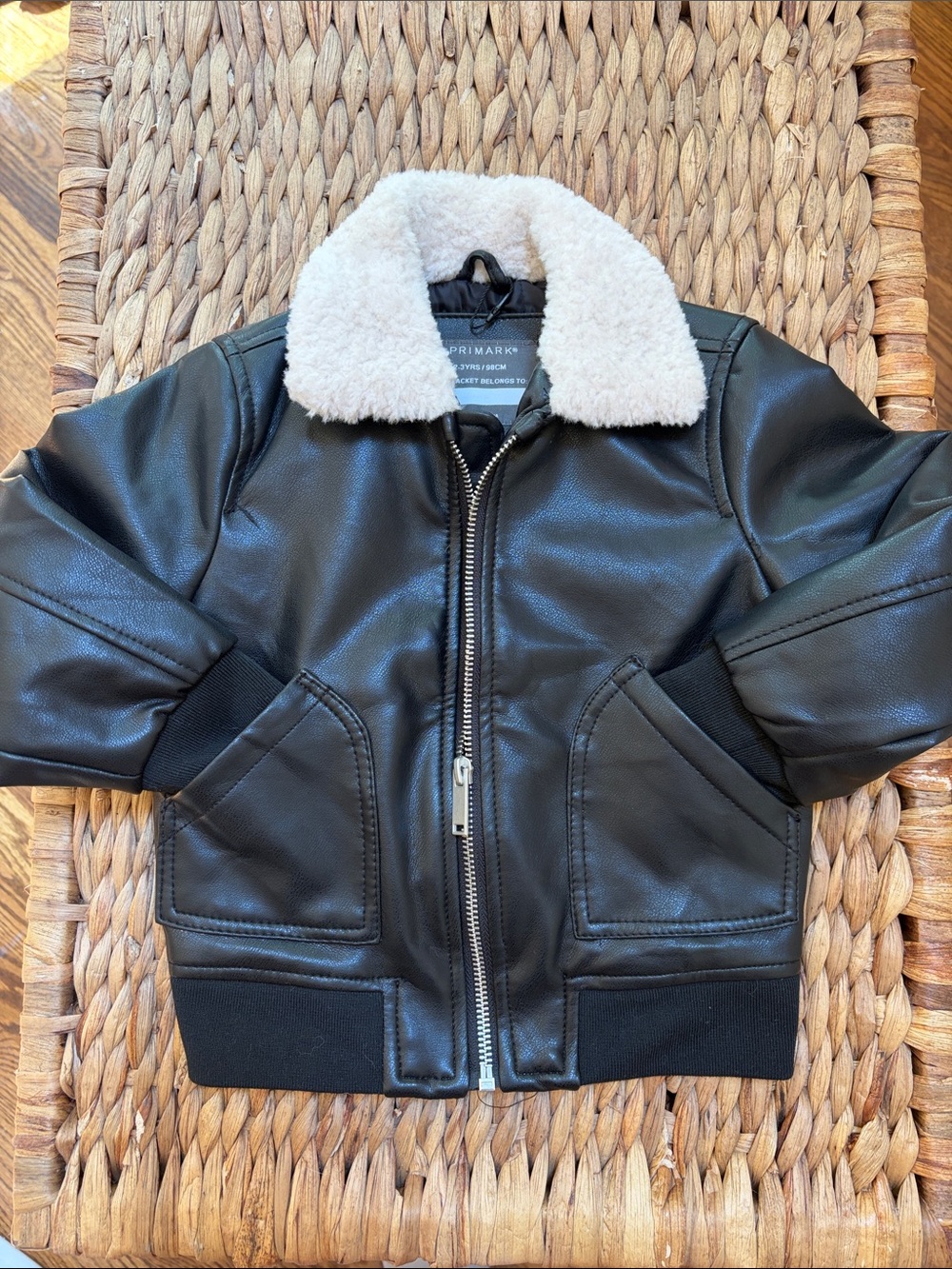 NWOT Primark Kids Black Faux Leather Puffer Jacket with Cream Sherpa Collar